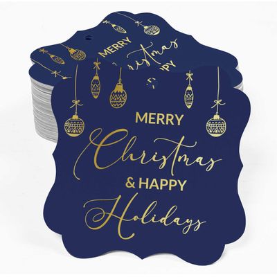 Etiquetas de Papel para Lembrancinhas com Foil, Texto "Merry Christmas & Happy", Formato de Colchete para Pendurar - Inkdotpot 50 Etiquetas Metalizadas / Azul - Ouro Rosé