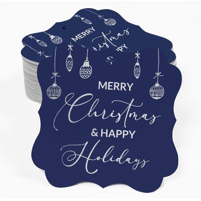 Etiquetas de Papel para Lembrancinhas com Foil, Texto "Merry Christmas & Happy", Formato de Colchete para Pendurar - Inkdotpot 50 Etiquetas Metalizadas / Azul - Prata