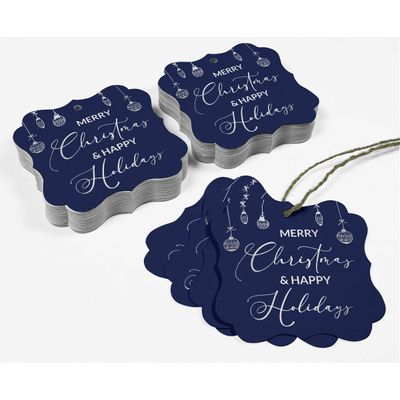 Etiquetas de Papel para Lembrancinhas com Foil, Texto "Merry Christmas & Happy", Formato de Colchete para Pendurar - Inkdotpot 50 Etiquetas Metalizadas / Azul - Prata