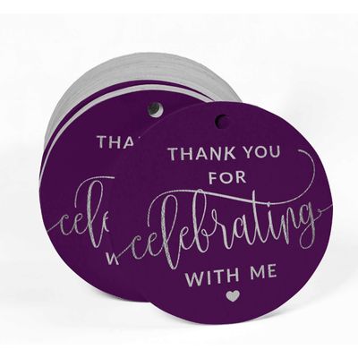 Etiquetas de Papel Metalizado "Obrigado por Celebrar Comigo" Pendentes para Lembrancinhas de Aniversário - Inkdotpot 50 Etiquetas Metalizadas / Roxo - Prata