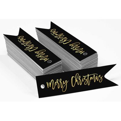 Tags de Papel "Merry Christmas" com Acabamento Foil para Lembrancinhas para Pendurar - Inkdotpot 100 Etiquetas Metalizadas / Preto - Prata
