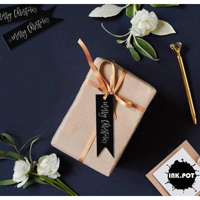 Tags de Papel "Merry Christmas" com Acabamento Foil para Lembrancinhas para Pendurar - Inkdotpot 100 Etiquetas Metalizadas / Preto - Prata