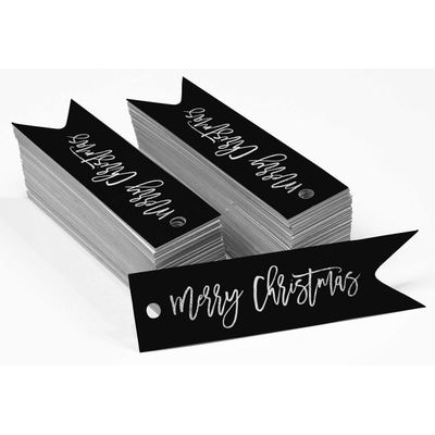 Tags de Papel "Merry Christmas" com Acabamento Foil para Lembrancinhas para Pendurar - Inkdotpot 100 Etiquetas Metalizadas / Preto - Prata
