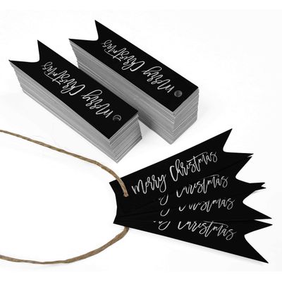 Tags de Papel "Merry Christmas" com Acabamento Foil para Lembrancinhas para Pendurar - Inkdotpot 100 Etiquetas Metalizadas / Preto - Prata