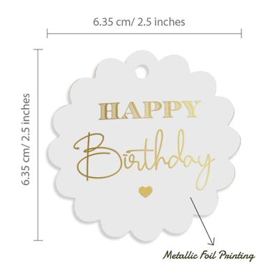Etiquetas para Lembrancinhas "Feliz Aniversário" em Papel Metalizado para Pendurar - Inkdotpot 100 Etiquetas Metalizadas / Branco - Dourado