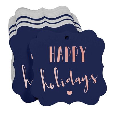 Tags de Papel em Formato de Colchete com Acabamento Metalizado "Boas Festas" para Lembrancinhas - Inkdotpot 100 Etiquetas Metalizadas / Azul - Ouro Rosé