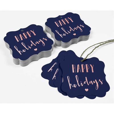 Tags de Papel em Formato de Colchete com Acabamento Metalizado "Boas Festas" para Lembrancinhas - Inkdotpot 100 Etiquetas Metalizadas / Azul - Ouro Rosé
