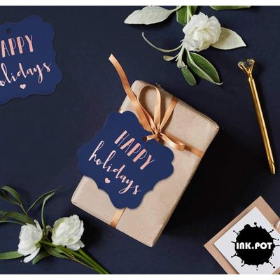 Tags de Papel em Formato de Colchete com Acabamento Metalizado "Boas Festas" para Lembrancinhas - Inkdotpot 100 Etiquetas Metalizadas / Azul - Ouro Rosé