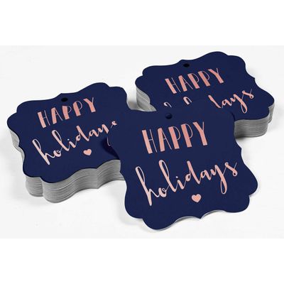 Tags de Papel em Formato de Colchete com Acabamento Metalizado "Boas Festas" para Lembrancinhas - Inkdotpot 100 Etiquetas Metalizadas / Azul - Ouro Rosé