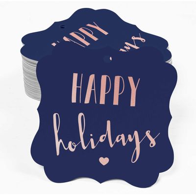 Tags de Papel em Formato de Colchete com Acabamento Metalizado "Boas Festas" para Lembrancinhas - Inkdotpot 100 Etiquetas Metalizadas / Azul - Ouro Rosé