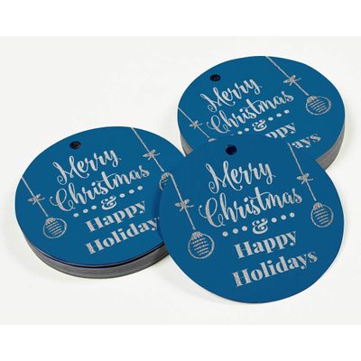 Etiquetas de Papel Penduradas para Lembrancinhas Feliz Natal & Boas Festas com Acabamento Metalizado - Inkdotpot 100 Etiquetas Metalizadas / Azul - Prata