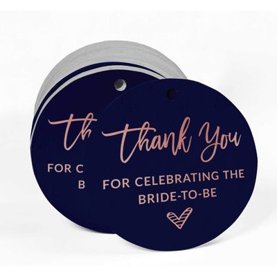 Etiqueta Metalizada para Pendurar 'Obrigada por Celebrar a Noiva' Lembrancinha para Chá de Noiva - Inkdotpot 100 Etiquetas Metalizadas / Azul - Ouro Rosé