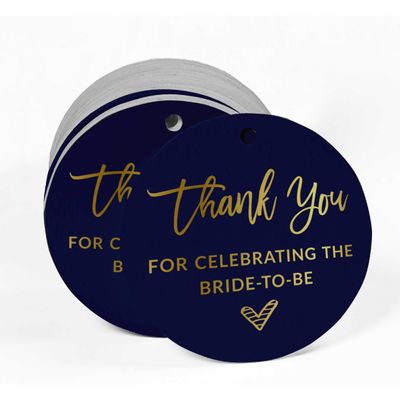 Etiqueta Metalizada para Pendurar 'Obrigada por Celebrar a Noiva' Lembrancinha para Chá de Noiva - Inkdotpot 100 Etiquetas Metalizadas / Azul - Ouro Rosé