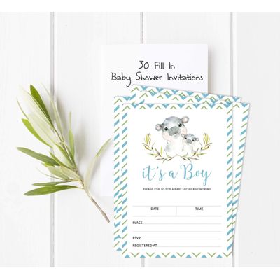 30 Cartões de Pedido para Livro de Chá de Bebê Hipopótamo e Animais da Selva - Inkdotpot 12,7 Cm × 17,78 Cm / Branco - Convite