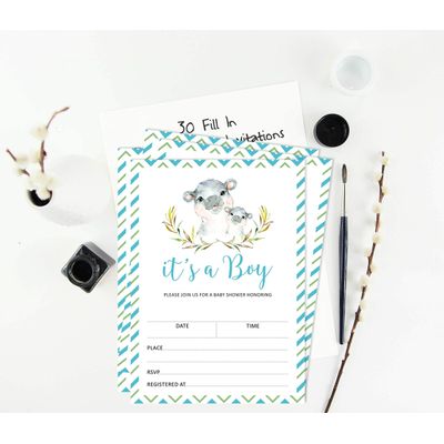 30 Cartões de Pedido para Livro de Chá de Bebê Hipopótamo e Animais da Selva - Inkdotpot 12,7 Cm × 17,78 Cm / Branco - Convite
