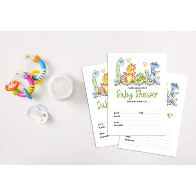 30 Cartões para Chá de Bebê Tema Dinossauros Animais da Selva com Campos para Preencher - Inkdotpot 12,7 Cm × 17,78 Cm / Branco - Convite