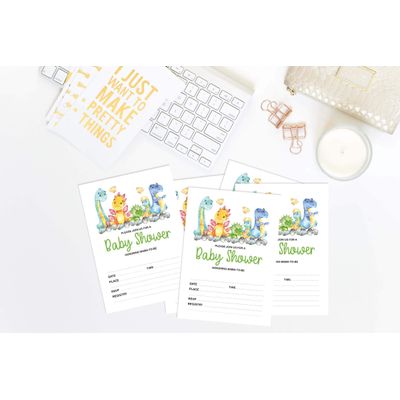 30 Cartões para Chá de Bebê Tema Dinossauros Animais da Selva com Campos para Preencher - Inkdotpot 12,7 Cm × 17,78 Cm / Branco - Convite