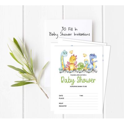 30 Cartões para Chá de Bebê Tema Dinossauros Animais da Selva com Campos para Preencher - Inkdotpot 12,7 Cm × 17,78 Cm / Branco - Convite