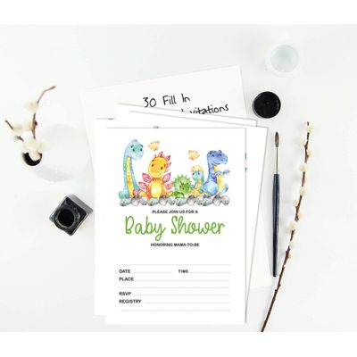 30 Cartões para Chá de Bebê Tema Dinossauros Animais da Selva com Campos para Preencher - Inkdotpot 12,7 Cm × 17,78 Cm / Branco - Convite