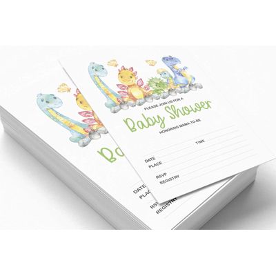 30 Cartões para Chá de Bebê Tema Dinossauros Animais da Selva com Campos para Preencher - Inkdotpot 12,7 Cm × 17,78 Cm / Branco - Convite