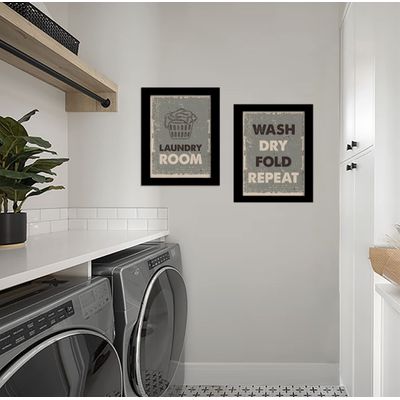Conjunto de 2 Placas para Lavanderia - Decoração 'Lavar, Secar, Dobrar, Repetir' Arte de Parede para Casa - Inkdotpot 25,4 Cm × 30,48 Cm / Moldura Preta