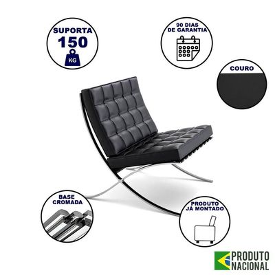 Poltrona Barcelona Couro Natural Com Puff Cromada Preto