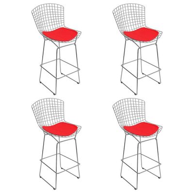 Kit 4 Banquetas Bistrô Bertoia Cromada D60 Com Assento Sintético Vermelho