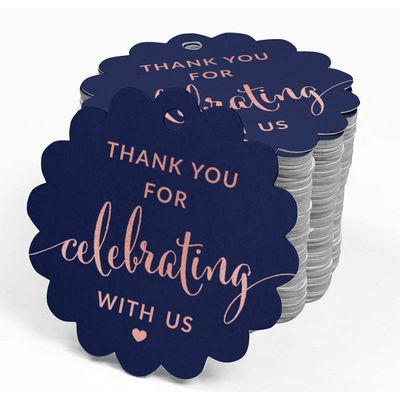Tags de Papel com Foil Obrigado por Celebrar Conosco para Chá de Panela, Chá de Bebê, Aposentadoria, Casamento, Aniversário - Inkdotpot 100 Etiquetas Metalizadas / Azul - Ouro Rosé