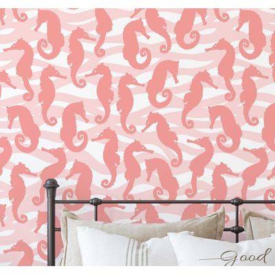 Vinil Autoadesivo Removível Monocromático em Rosa com Cavalos-Marinhos e Ondas, Mural para Banheiro, Lavanderia e Closet - S4Sassy 63,5 cm (L) × 304,8 cm (C) / Rosa - Vinil Liso