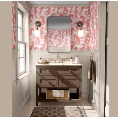 Vinil Autoadesivo Removível Monocromático em Rosa com Cavalos-Marinhos e Ondas, Mural para Banheiro, Lavanderia e Closet - S4Sassy 63,5 cm (L) × 304,8 cm (C) / Rosa - Vinil Liso