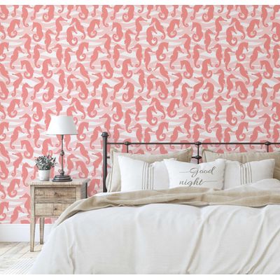 Vinil Autoadesivo Removível Monocromático em Rosa com Cavalos-Marinhos e Ondas, Mural para Banheiro, Lavanderia e Closet - S4Sassy 63,5 cm (L) × 304,8 cm (C) / Rosa - Vinil Liso