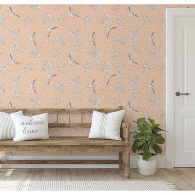 Papel de Parede Autoadesivo Laranja com Pássaros Voando e Bolinhas, Vinil Removível DIY para Parede de Entrada, Decoração Fácil - S4sassy 63,5 cm (L) × 304,8 cm (C) / Laranja - Vinil Liso