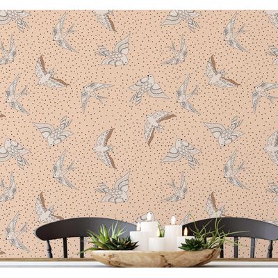 Papel de Parede Autoadesivo Laranja com Pássaros Voando e Bolinhas, Vinil Removível DIY para Parede de Entrada, Decoração Fácil - S4sassy 63,5 cm (L) × 304,8 cm (C) / Laranja - Vinil Liso