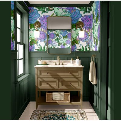 Vinil Autoadesivo Removível para Parede, Estampa Floral Folk Chique Verde, Mural Instantâneo para Banheiro e Lavanderia - S4Sassy 63,5 cm (L) × 914,4 cm (C) / Verde - Vinil Liso