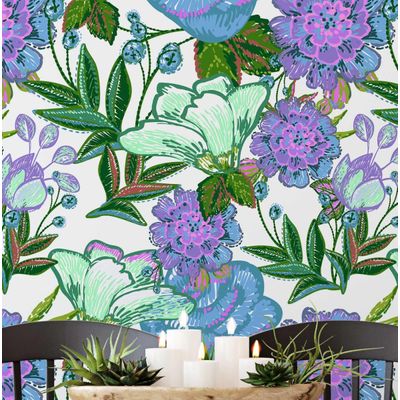 Vinil Autoadesivo Removível para Parede, Estampa Floral Folk Chique Verde, Mural Instantâneo para Banheiro e Lavanderia - S4Sassy 63,5 cm (L) × 914,4 cm (C) / Verde - Vinil Liso