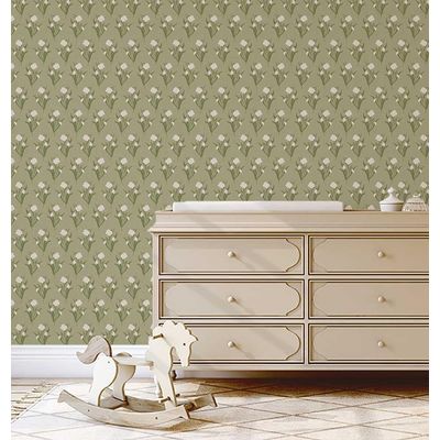 Papel de Parede Autoadesivo Floral Snowdrop Branco, Vinílico Impermeável Removível Verde, para Inquilinos, Quarto e Sala de Jantar - S4sassy 63,5 cm (L) × 914,4 cm (C) / Verde - Vinil Liso