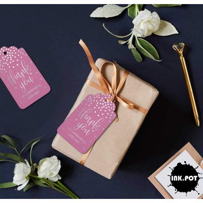 Etiquetas de Papel para Lembrancinhas de Aniversário 'Obrigado por Celebrar Comigo' com Foil Artesanal - Inkdotpot 50 Etiquetas Metalizadas / Rosa - Prata