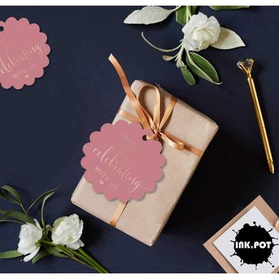 Tags de Papel Foil Obrigado por Celebrar Conosco para Lembranças - Chá de Noiva/Bebê/Aposentadoria/Casamento/Aniversário - Inkdotpot 50 Etiquetas Metalizadas / Rosa - Ouro Rosé