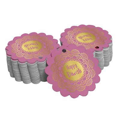 Etiquetas de Papel 'Happy Diwali' para Lembrancinhas com Acabamento Metalizado, Pendentes - Inkdotpot 50 Etiquetas Metalizadas / Rosa - Dourado