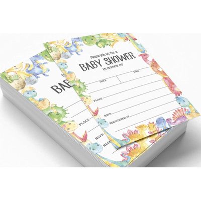 30 Cartões de Chá de Bebê Estilo Preenchível Dinossauros e Animais da Selva em Branco - Inkdotpot 12,7 Cm × 17,78 Cm / Branco - Convite