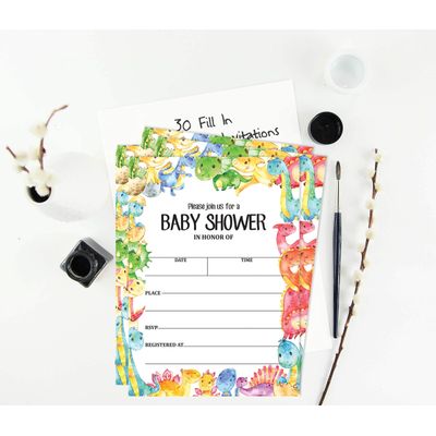 30 Cartões de Chá de Bebê Estilo Preenchível Dinossauros e Animais da Selva em Branco - Inkdotpot 12,7 Cm × 17,78 Cm / Branco - Convite