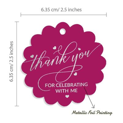 Tags de Papel para Lembrancinhas de Aniversário 'Thank You for Celebrating with Me' com Foil - Inkdotpot 100 Etiquetas Metalizadas / Rosa - Prata