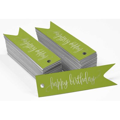 Etiquetas de Papel Metalizado para Pendurar 'Feliz Aniversário' para Lembrancinhas - Inkdotpot 50 Etiquetas Metalizadas / Verde - Prata