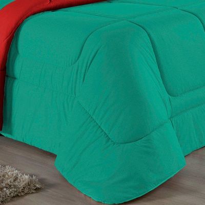 Kit Edredom Dupla Face + Jogo De Lençol Casal Nobre 7 Peças Malha 100% Algodão - Jade / Vermelho