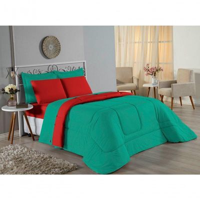 Kit Edredom Dupla Face + Jogo De Lençol Casal Nobre 7 Peças Malha 100% Algodão - Jade / Vermelho