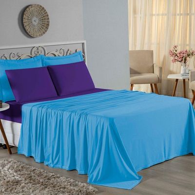 Jogo De Cama King Nobre 4 Peças Lençol Com Elástico De 30cm De Altura Malha 100% Algodão - Turquesa / Roxo