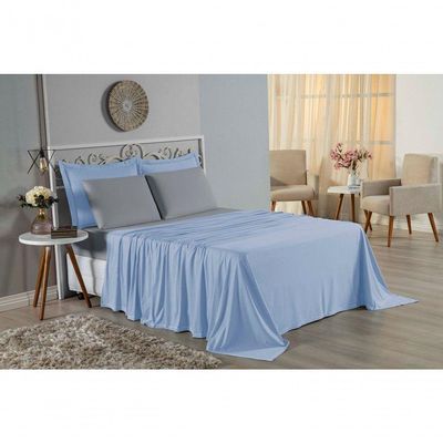 Jogo De Cama Casal Nobre 4 Peças Lençol Com Elástico De 30cm De Altura Malha 100% Algodão - Azul-bebê / Cinza