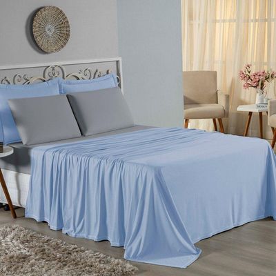 Jogo De Cama Casal Nobre 4 Peças Lençol Com Elástico De 30cm De Altura Malha 100% Algodão - Azul-bebê / Cinza