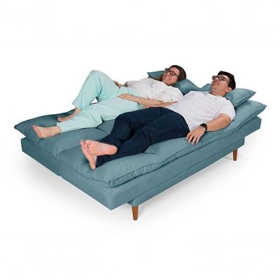 Sofá Cama Andorra 3 Lugares Império Reclinável Pés Madeira Com Banqueta Suede Azul Turquesa 362