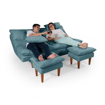 Sofá Cama Andorra 3 Lugares Império Reclinável Pés Madeira Com Banqueta Suede Azul Turquesa 362